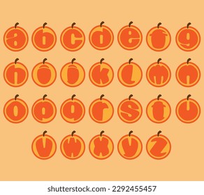 Alfabeto de formas anaranjadas. Ilustración vectorial aislada en formas anaranjadas. Alfabetización inglesa con formas anaranjadas. Alfabeto vectorial de letras coloridas establecido en formas anaranjadas