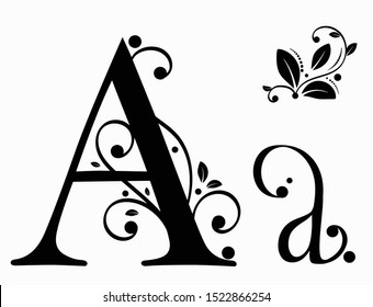 Alphabet with ornaments, Letter A with leaves vector. Decoration vintage for invites card and other concept ideas.  Illustration alphabet 