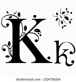 Alphabet ornaments vector vintage, Letter K upper and lower case with leaves vector. Decoration vintage for invites card and other concept ideas.  Illustration alphabet 