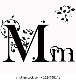 Alphabet ornaments vector vintage, Letter M upper and lower case with leaves vector. Decoration vintage for invites card and other concept ideas.  Illustration alphabet 