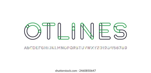 Umrisse Schriftart, Buchstaben A, B, C, D, E, F, G, H, I, J, K, L, M, N, O, P, Q, R, S, T, U, V, W, X, Y, Z und Zahlen 0, 1, 2, 3, 4, 5, 6, 7, 8, 9, Vektorillustration 10EPS