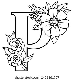 Alphabet P coloring page with the flower, P letter digital outline floral coloring page, ABC coloring page