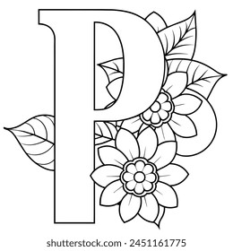 Alphabet P coloring page with the flower, P letter digital outline floral coloring page, ABC coloring page