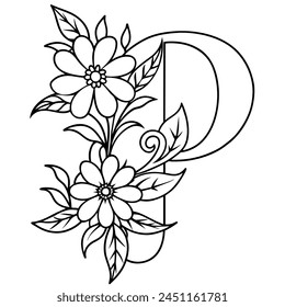 Alphabet P coloring page with the flower, P letter digital outline floral coloring page, ABC coloring page