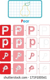 Alphabet P learning letter set practice with pear for kids worksheet write isolated background. Vector illustration