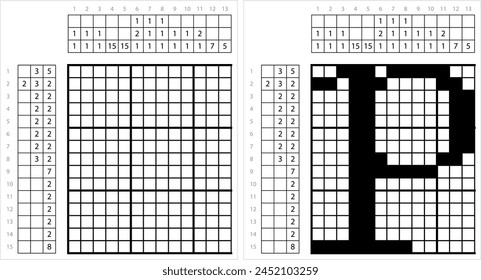 Alphabet p Lowercase Nonogram Pixel Art, Character p, Language Letter Graphemes Symbol Vector Art Illustration, Logic Puzzle Game Griddlers, Pic-A-Pix, Picture Paint By Numbers, Picross