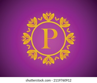 Alphabet P luxury logo design with gold color gradation and gold leaf circle suitable for bathing, hotel, beauty and grooming. against a violet VelVet background.