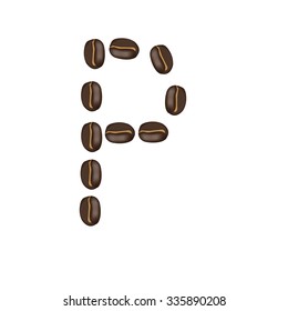 Alphabet "P" made of roasted coffee bean, isolated 