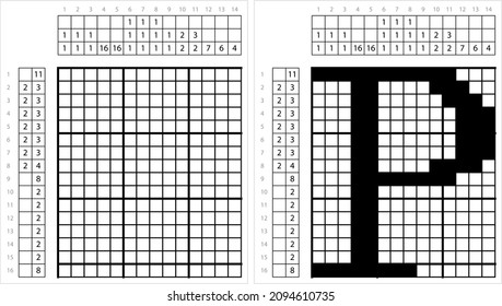 Alphabet P Nonogram Pixel Art, Character P, Language Letter Graphemes Symbol Vector Art Illustration, Logic Puzzle Game Griddlers, Pic-A-Pix, Picture Paint By Numbers, Picross