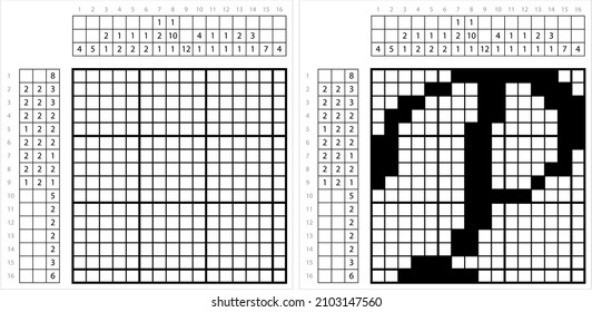Alphabet P Nonogram Pixel Art, Character P, Language Letter Graphemes Symbol Vector Art Illustration, Logic Puzzle Game Griddlers, Pic-A-Pix, Picture Paint By Numbers, Picross