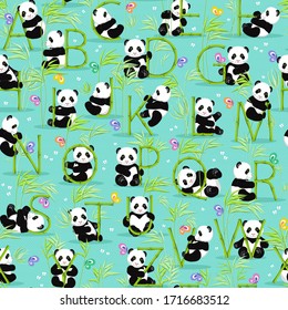 Alphabet and Panda. Fun panda learns the letters of the alphabet.This pattern is suitable for fabrics, t-shirts, gift wrapping, postcards and other printing surfaces.