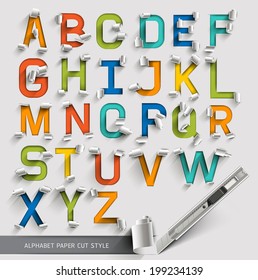 Alphabet paper cut colorful font style. Vector illustration.