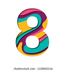 Alphabet paper cut number eight letter. Realistic 3D layers papercut effect background. Number 8 for birthday, anniversary design, price or discount label. Alphabet letter font eight figure isolated.