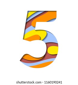 Alphabet paper cut number five letter. Realistic 3D layers papercut effect background. 5 number for birthday, anniversary design, price or discount label. Alphabet letter font five figure isolated.