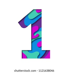 Alphabet paper cut number one letter. Realistic 3D layers papercut effect background. Number 1 for birthday, anniversary design, price or discount label. Alphabet letter font one figure isolated.
