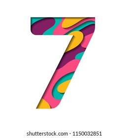 Alphabet paper cut number seven letter. Realistic 3D layers papercut effect background. Number 7 for birthday, anniversary design, price or discount label. Alphabet letter font seven figure isolated.