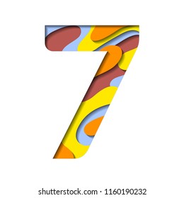 Alphabet paper cut number seven letter. Realistic 3D layers papercut effect background. Number 7 for birthday, anniversary design, price or discount label. Alphabet letter font seven figure isolated.