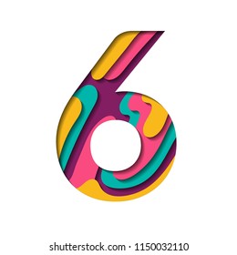 Alphabet paper cut number six letter. Realistic 3D layers papercut effect background. Number 6 for birthday, anniversary design, price or discount label. Alphabet letter font six figure isolated.