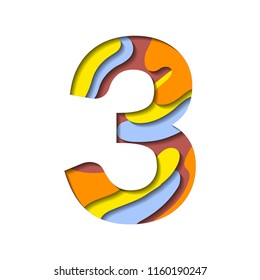 Alphabet paper cut number three letter. Realistic 3D layers papercut effect background. Number 3 for birthday, anniversary design, price or discount label. Alphabet letter font three figure isolated.