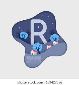 Alphabet in paper cut shapes with trees and mountains in the layers : Vector Illustration