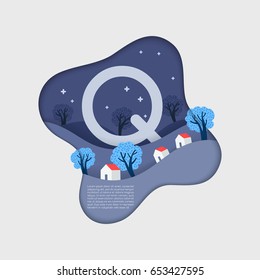 Alphabet in paper cut shapes with trees and mountains in the layers : Vector Illustration