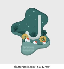 Alphabet in paper cut shapes with trees and mountains in the layers : Vector Illustration