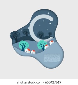 Alphabet in paper cut shapes with trees and mountains in the layers : Vector Illustration