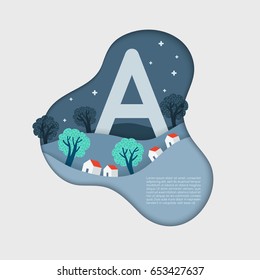 Alphabet in paper cut shapes with trees and mountains in the layers : Vector Illustration
