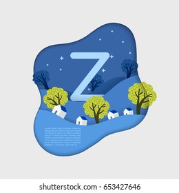 Alphabet in paper cut shapes with trees and mountains in the layers : Vector Illustration