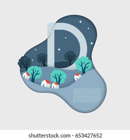 Alphabet in paper cut shapes with trees and mountains in the layers : Vector Illustration