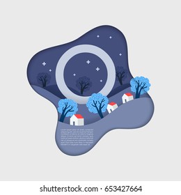 Alphabet in paper cut shapes with trees and mountains in the layers : Vector Illustration