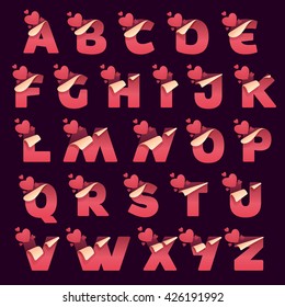 Alphabet with paper folded corner and hearts. Vector paper style typeface for st. Valentine's day. Red letter icon for card, app icon, corporate identity, label or poster.