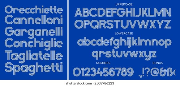 Ein Alphabet paralleler Linien. Hochwertige typografische Schrift in Groß- und Kleinschreibung, mit Zahlen. Geeignet für Werbung Spaghetti, Pasta