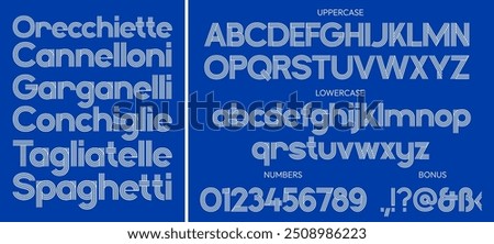 An alphabet of parallel lines. High-quality typographic font in upper and lower case, with numbers. Suitable for advertising spaghetti, pasta