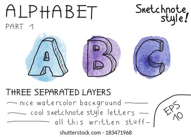 Alphabet - Part 1. Vector illustration. Sketchnote style