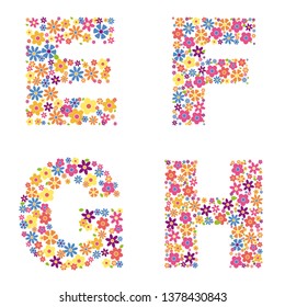 Parte alfabética, letras E, F, G, H rellenadas con una variedad de flores coloreadas aisladas en ilustración vectorial de fondo blanco