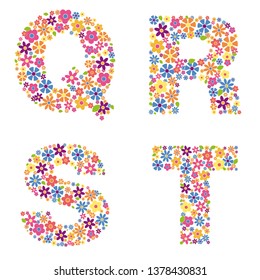 Alphabet part, letters Q, R, S, T filled with a variety of colorful flowers isolated on white background vector illustration