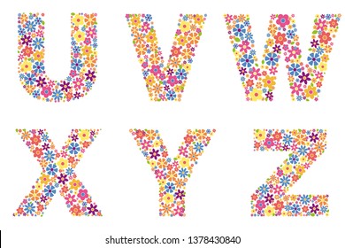 Alphabet part, letters U, V, W, X, Y, Z filled with a variety of colorful flowers isolated on white background vector illustration