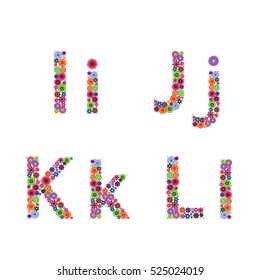 Alphabet part with many colourful flowery letters I, J, K, L isolated on the white background, vector artwork