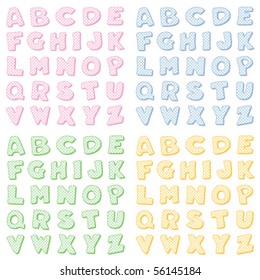 Alphabet, pastel gingham check,  four Versions: pink, blue, green and yellow. Original letter design for scrapbooks, albums, crafts and back to school projects. EPS8 compatible.