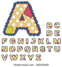 Alphabet in patchwork design with stitches and patches. 