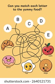 Alphabet path maze game with cute kawaii food. Printable ABC tracing game for kids and toddlers. Match letters to food maze worksheet for children