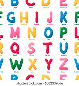 Alphabet pattern cartoon letter vector abs wallpaper text animal name font typography seamless background illustration. School graphic texture print word paper children backdrop.
