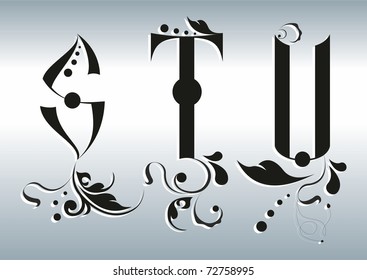 Alphabet with patterns STU. Vector.