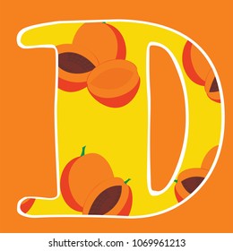 Alphabet with peach. Letter D. Isolated, flat, text, letters isolated, fruits