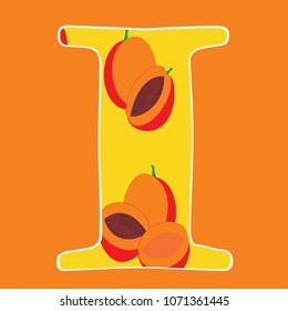 Alphabet with peach. Letter I. Isolated, flat, text, letters isolated, fruits