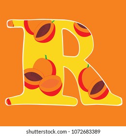 Alphabet with peach. Letter R. Isolated, flat, text, letters isolated, fruits