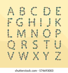 Alphabet from pebbles on a background of sand. Vector flat illustration.