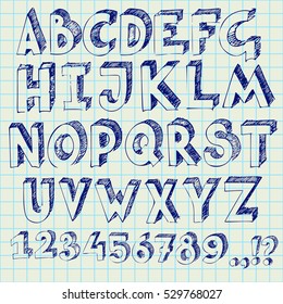 Alphabet pen hand drawing 3d lettering and numbers on notebook sheet.