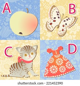 Alphabet with pictures. A, B, C, D letters. Vector illustration.